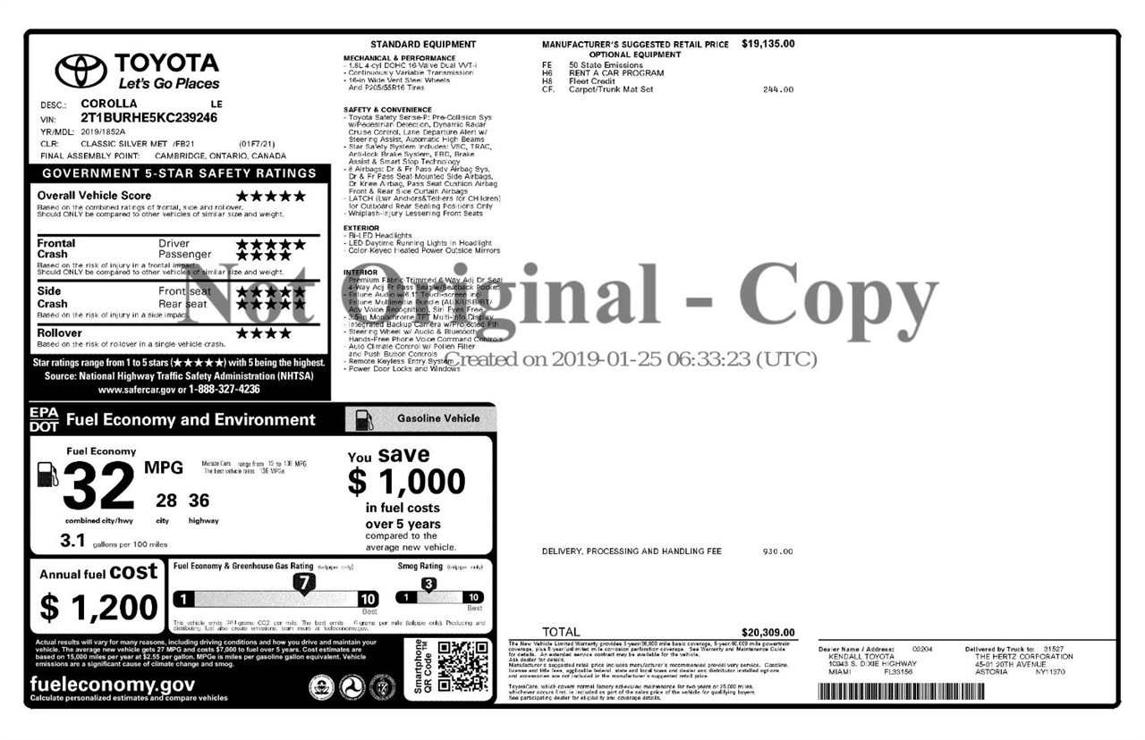 Toyota Corolla XLE CVT (Natl) 2019