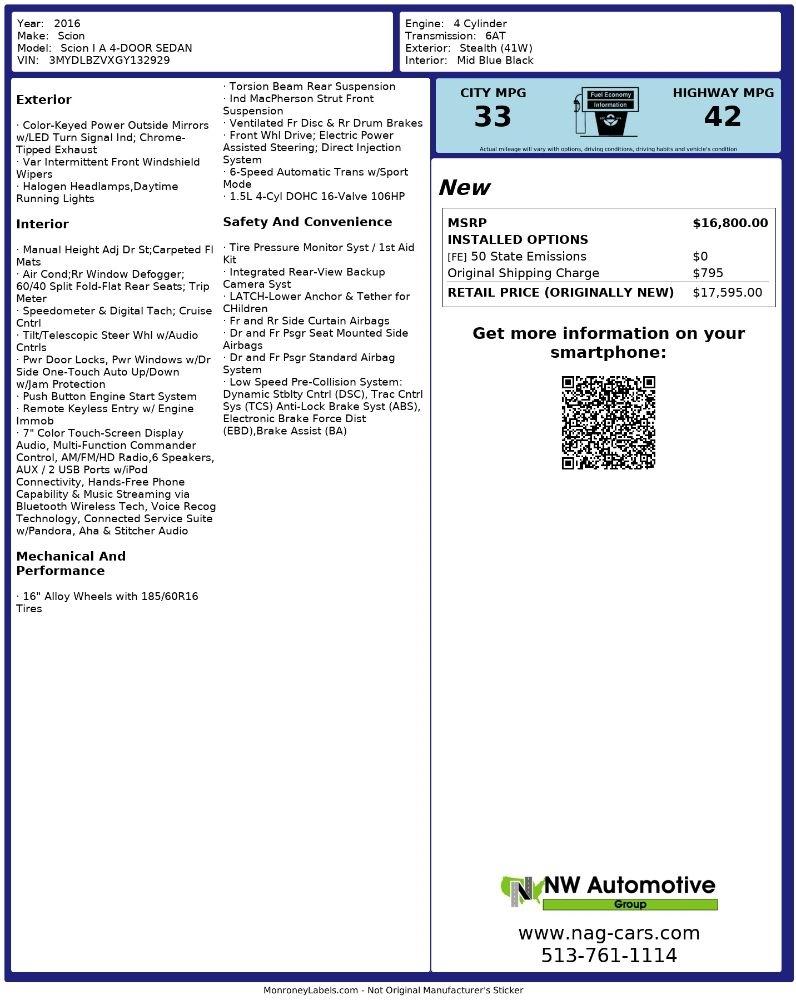 Scion iA 4dr Sdn Man (Natl) 2016