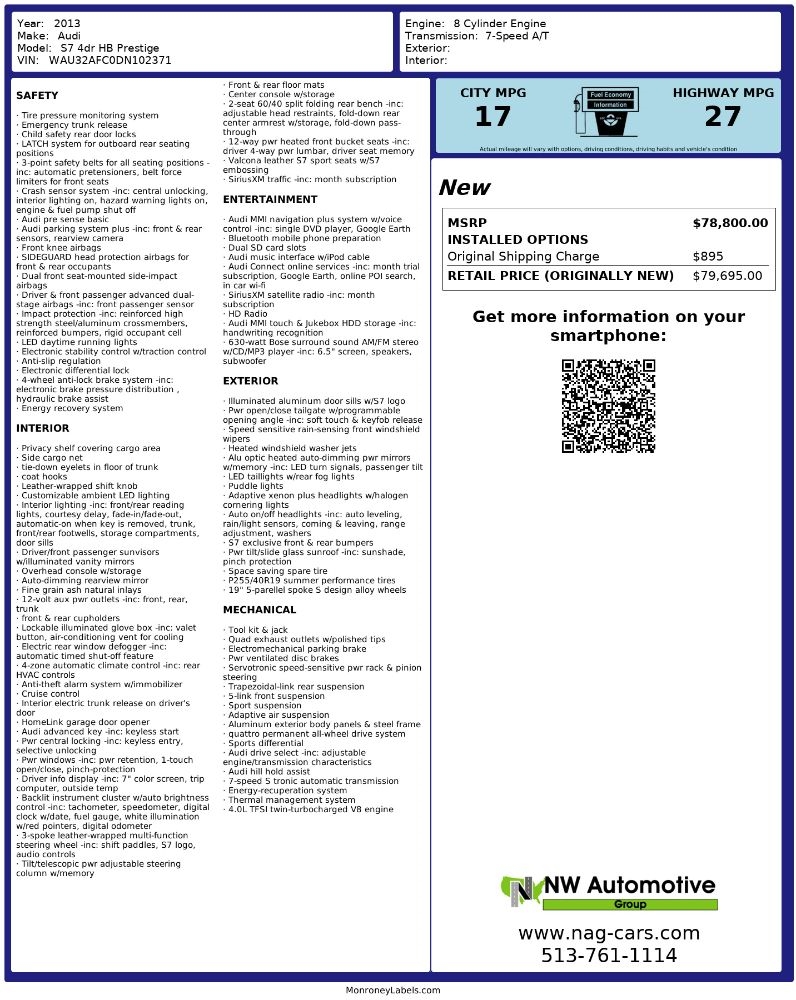 Audi S7 4dr HB Prestige 2013
