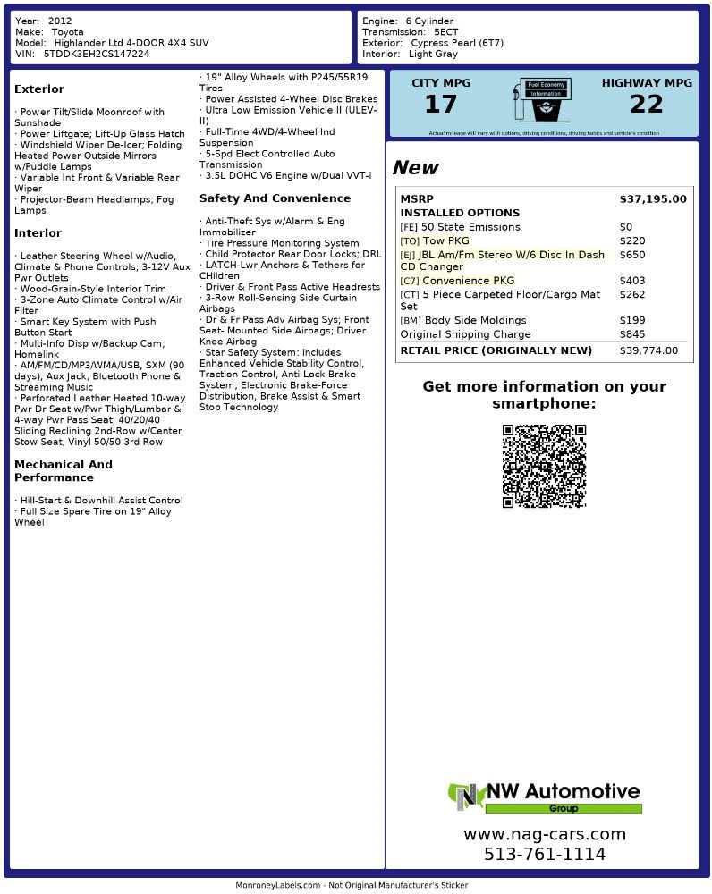 Toyota Highlander 4WD 4dr V6 Limited (Natl) 2012