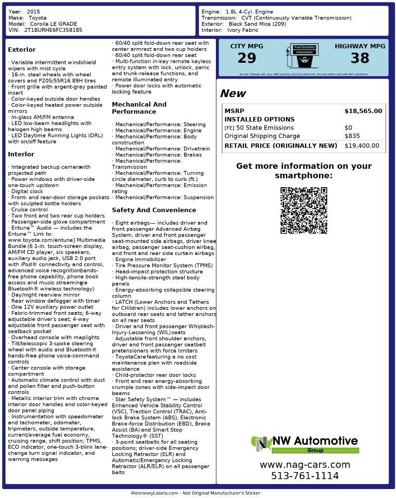 Toyota Corolla 4dr Sdn CVT LE Premium (Natl) 2015