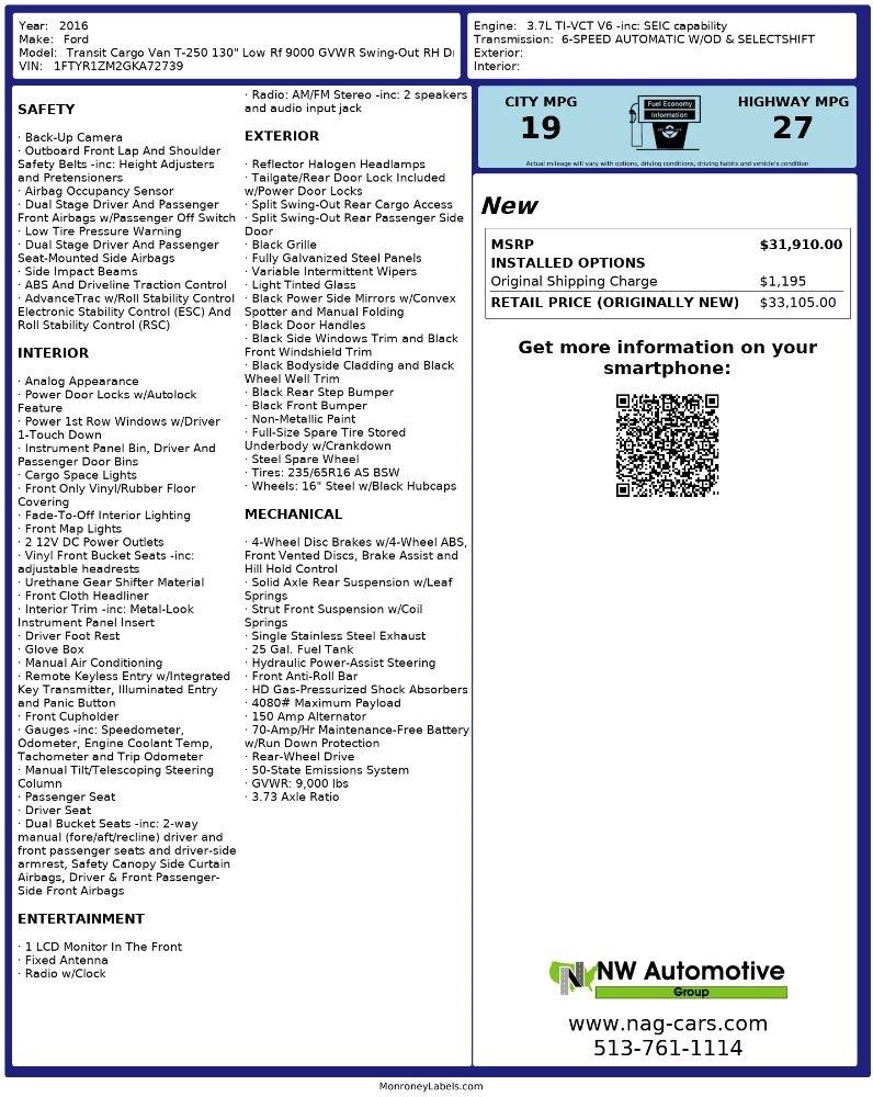 Ford Transit Cargo Van T-250 130" Low Rf 9000 GVWR Swing-Out RH Dr 2016