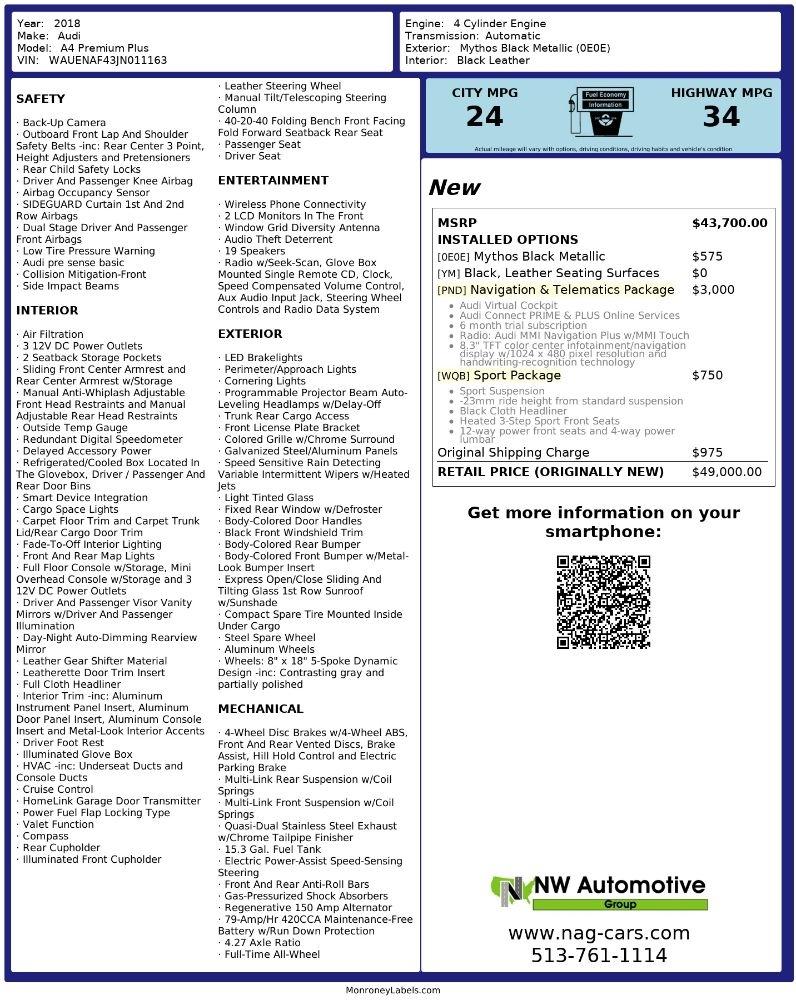 Audi A4 2.0 TFSI Tech Premium Plus S Tronic quattro AWD 2018