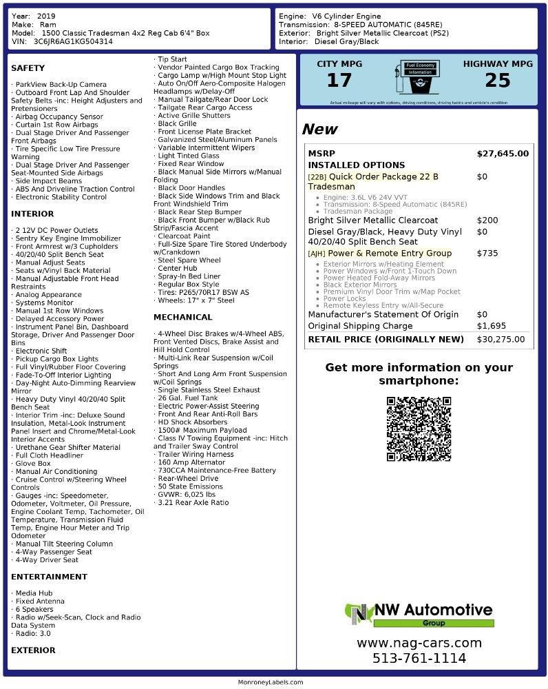 RAM 1500 Classic Tradesman 4x2 Reg Cab 6'4" Box 2019