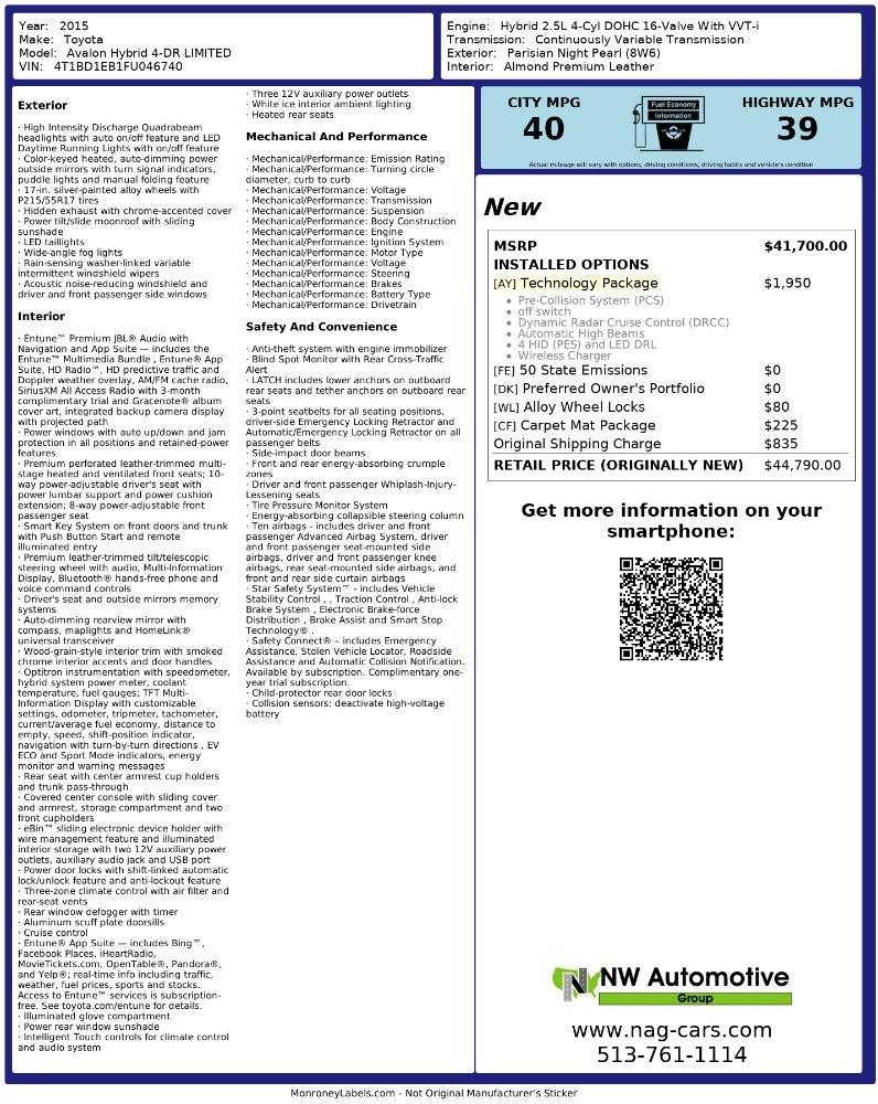 Toyota Avalon Hybrid 4dr Sdn XLE Premium (Natl) 2015