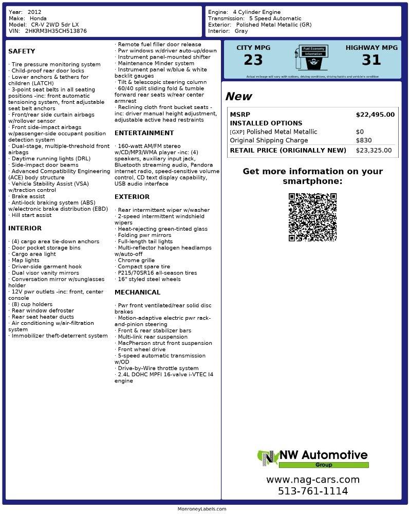 Honda CR-V 2WD 5dr LX 2012