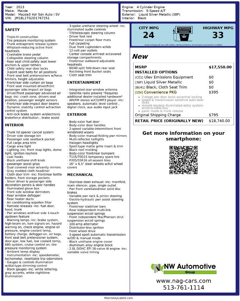 Mazda MAZDA3 4dr Sdn Auto i SV 2013