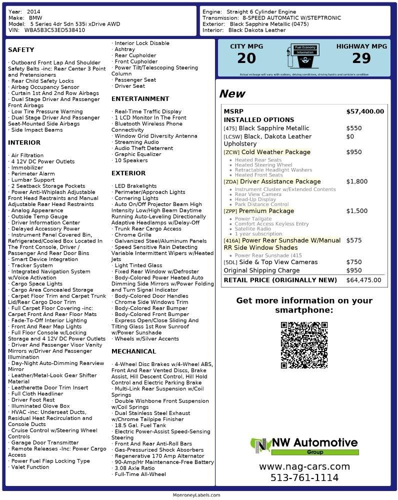 BMW 5 Series 4dr Sdn 535i xDrive AWD 2014