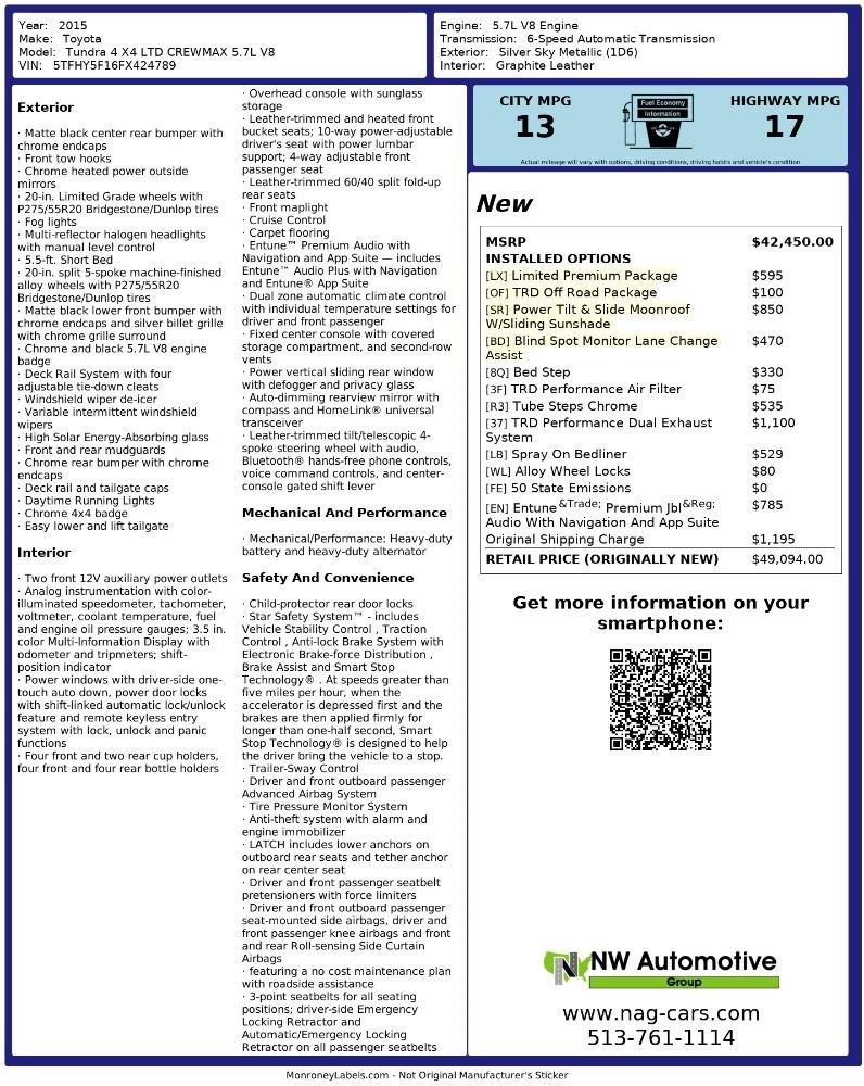 Toyota Tundra 4WD Truck CrewMax 5.7L V8 6-Spd AT LTD (Natl) 2015