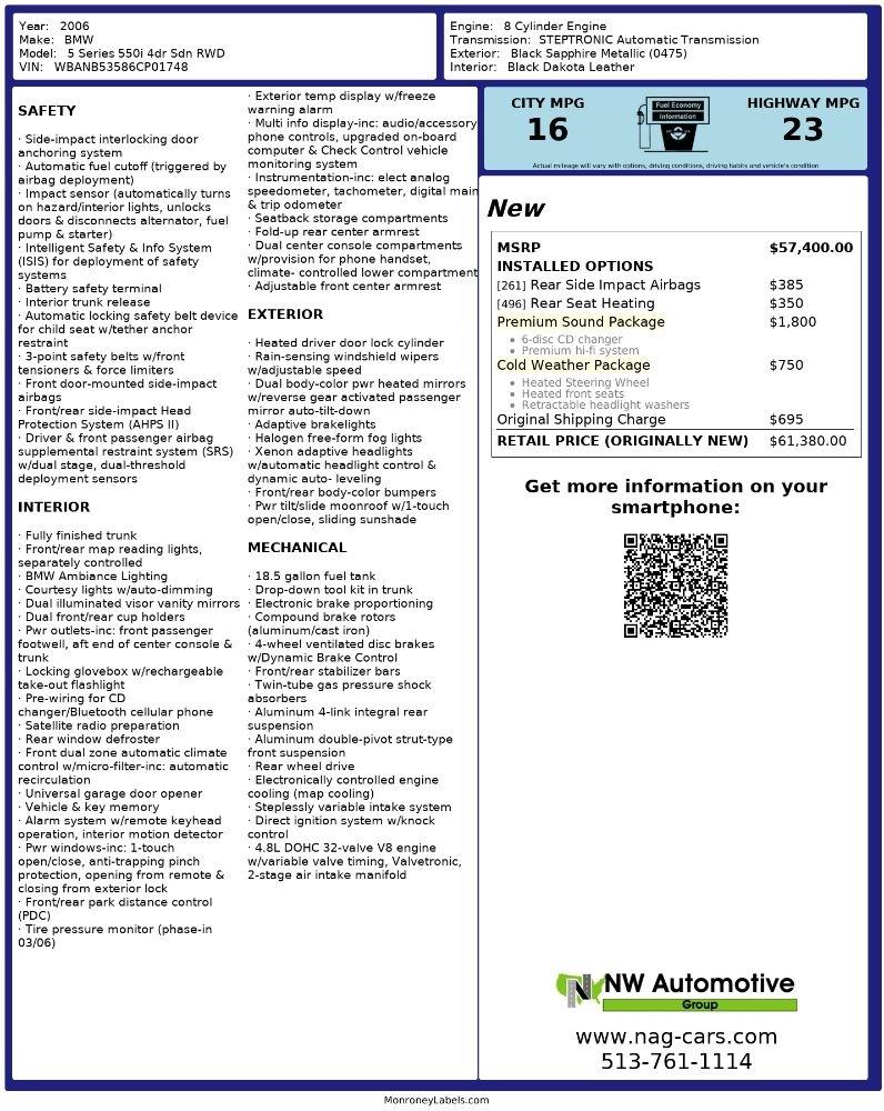 BMW 5 Series 550i 4dr Sdn RWD 2006