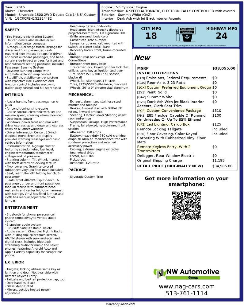 Chevrolet Silverado 1500 2WD Double Cab 143.5" Custom 2016