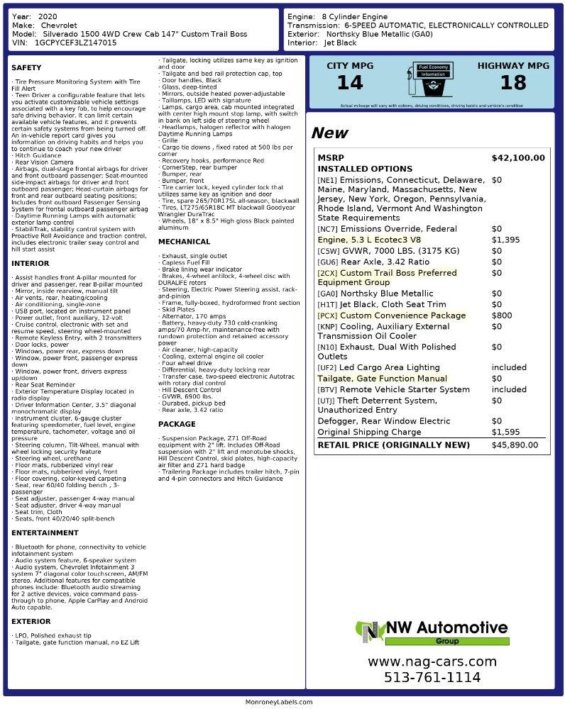 Chevrolet Silverado 1500 4WD Crew Cab 147" Custom Trail Boss 2020