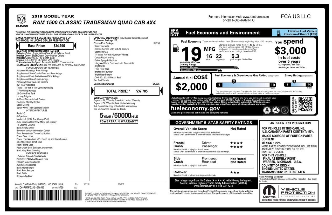 RAM 1500 Classic Tradesman 4x4 Quad Cab 6'4" Box 2019