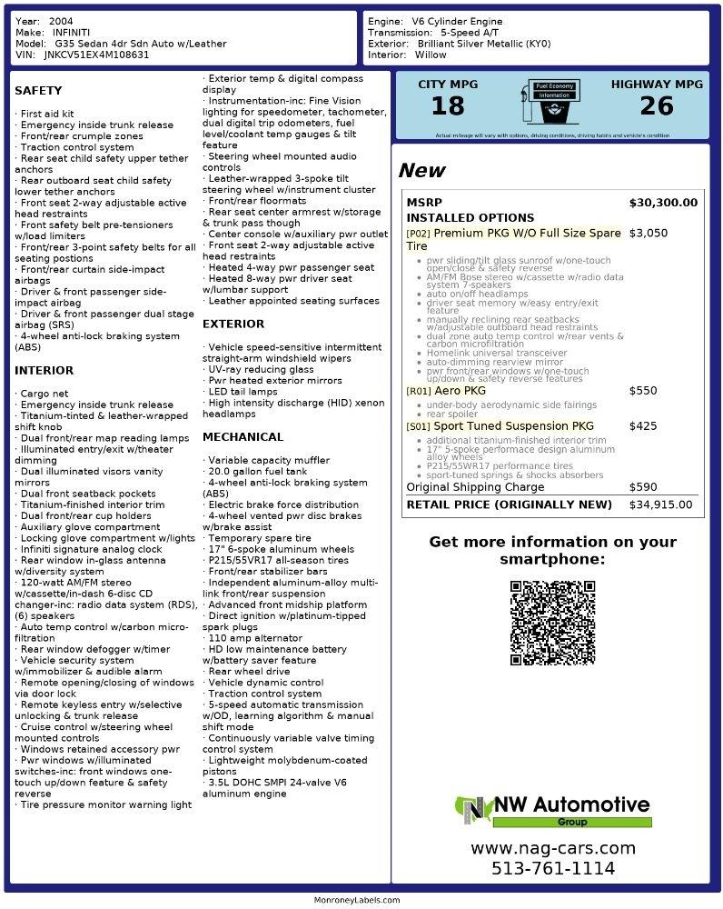 Infiniti G35 Sedan 4dr Sdn Auto w/Leather 2004