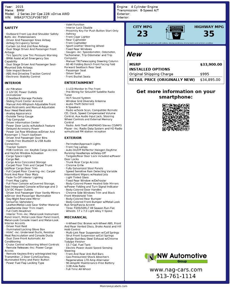 BMW 2 Series 2dr Cpe 228i xDrive AWD 2015