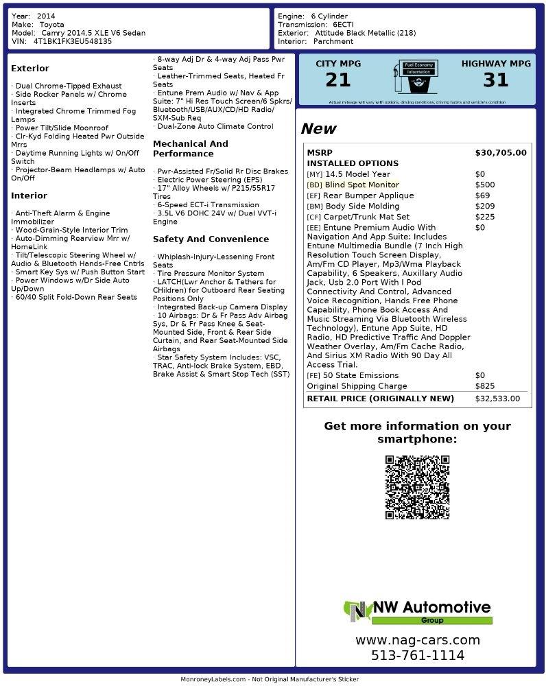 Toyota Camry 2014.5 4dr Sdn V6 Auto XLE (Natl) 2014