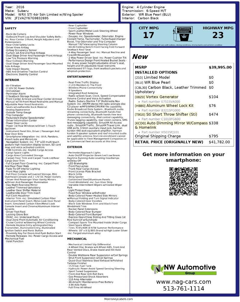 Subaru WRX STI 4dr Sdn Limited w/Wing Spoiler 2016