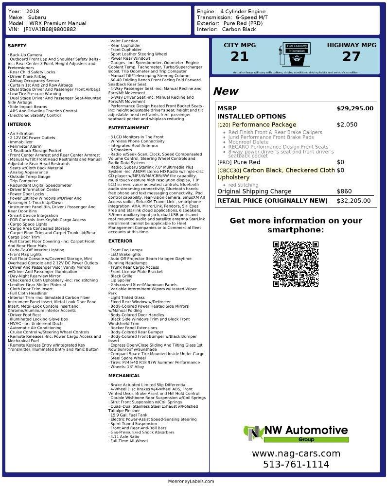 Subaru WRX Premium Manual 2018