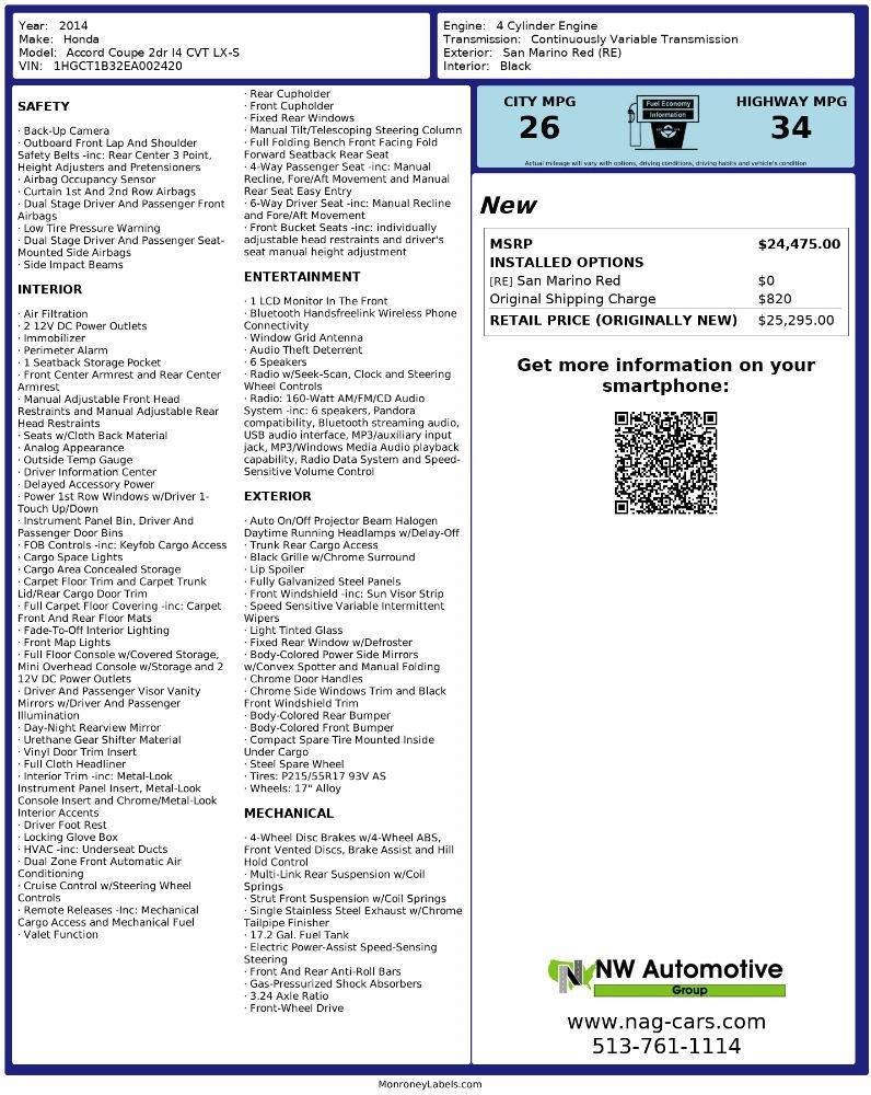 Honda Accord 2dr I4 CVT LX-S 2014