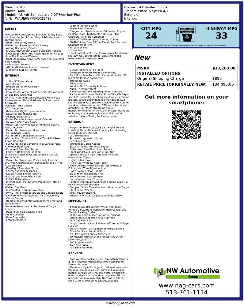 Audi A3 4dr Sdn quattro 2.0T Premium Plus 2015