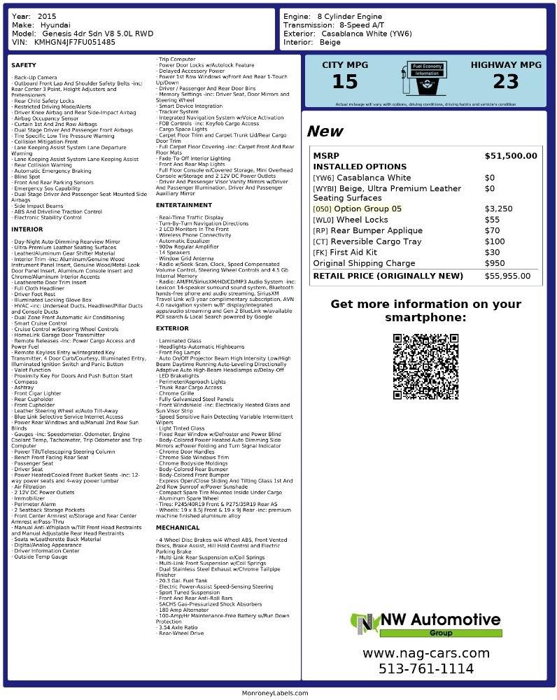 Hyundai Genesis 4dr Sdn V8 5.0L RWD 2015