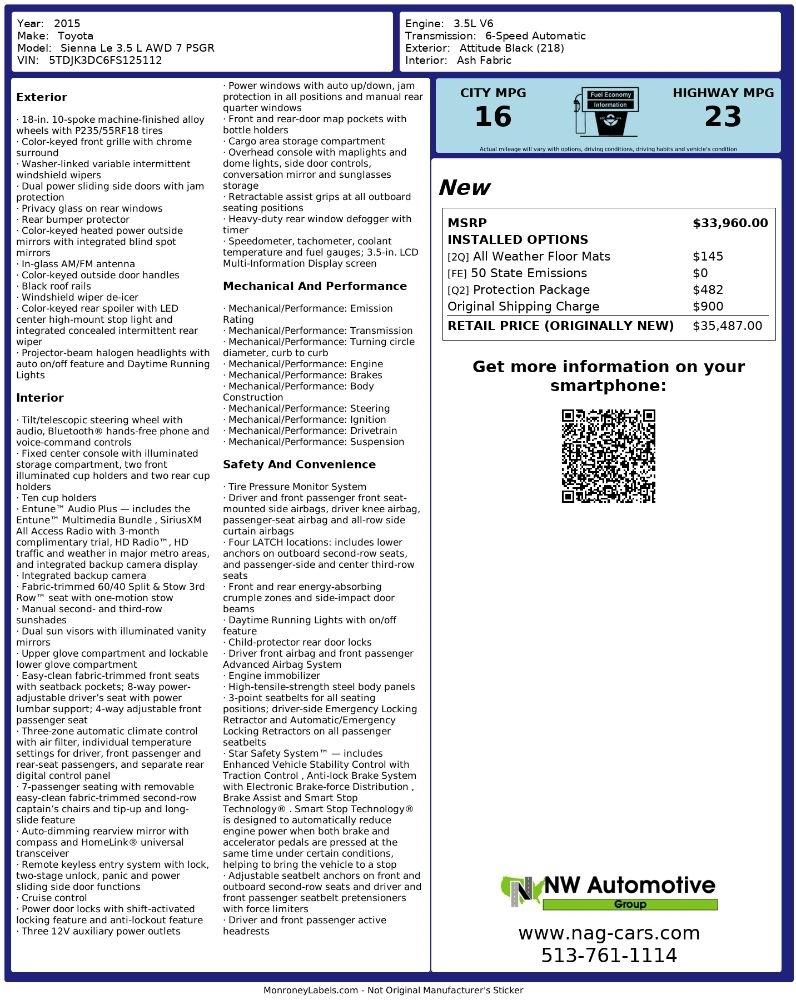 Toyota Sienna 5dr 7-Pass Van LE AWD (Natl) 2015