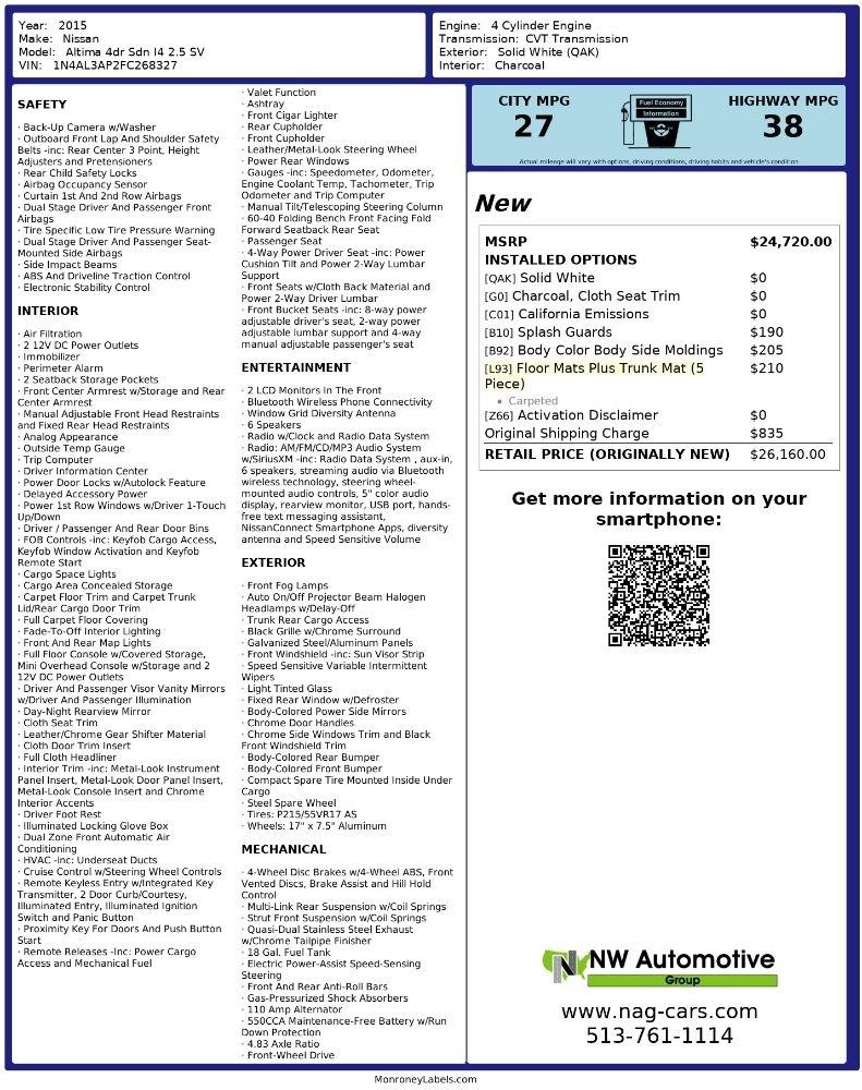 Nissan Altima 4dr Sdn I4 2.5 SV 2015