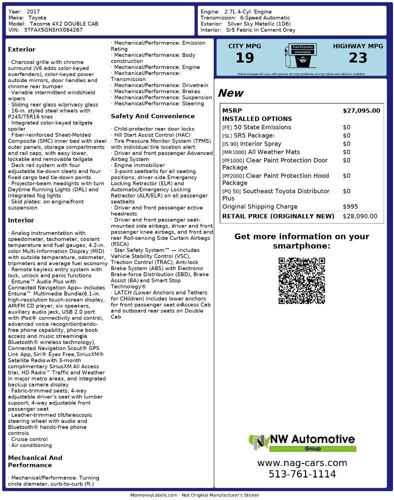 Toyota Tacoma SR5 Double Cab 5' Bed I4 4x2 AT (Natl) 2017