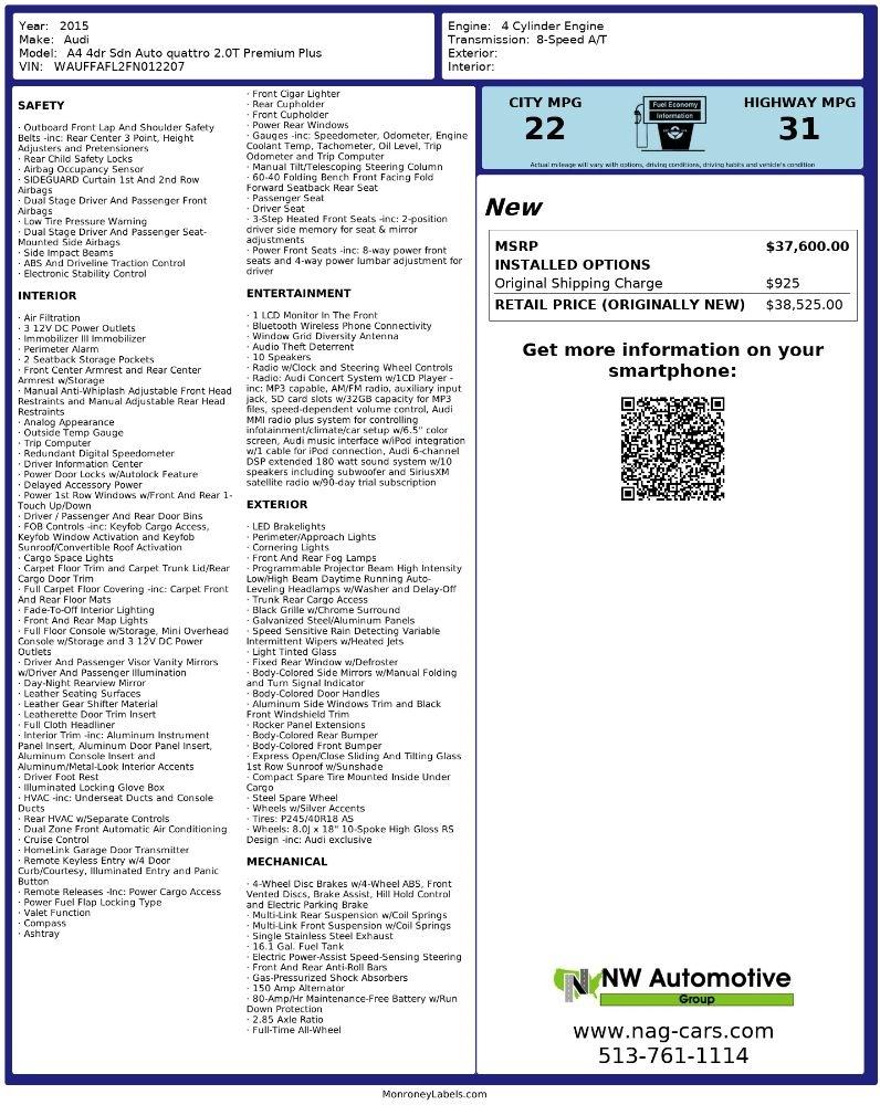 Audi A4 4dr Sdn Auto quattro 2.0T Premium Plus 2015