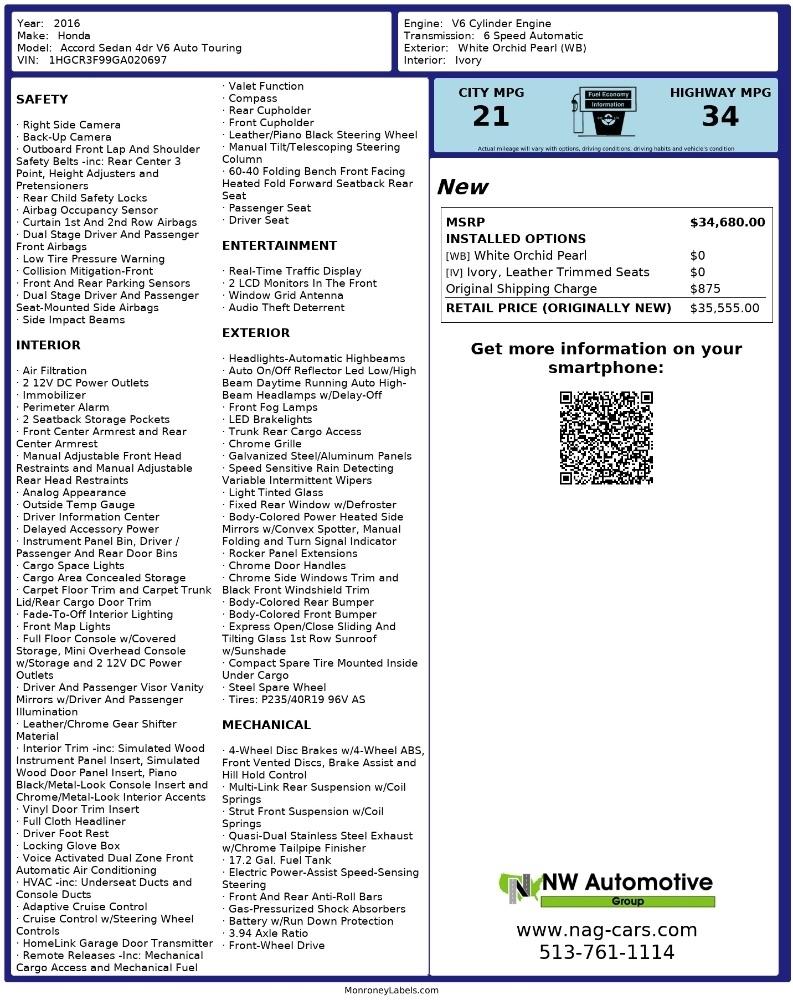Honda Accord 4dr V6 Auto Touring 2016