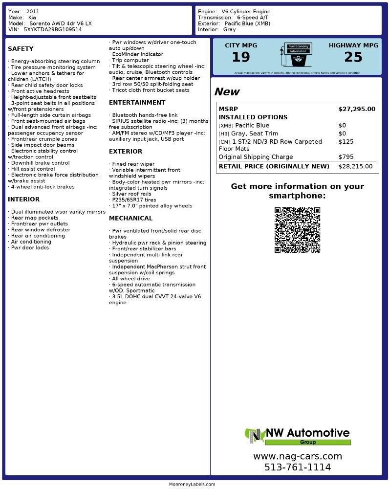Kia Sorento AWD 4dr V6 LX 2011