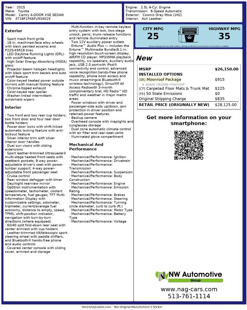 Toyota Camry 4dr Sdn I4 Auto XLE (Natl) 2015