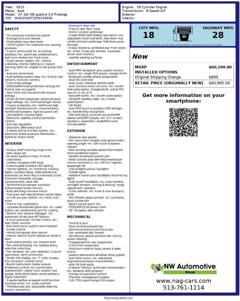 Audi A7 4dr HB quattro 3.0 Prestige 2013