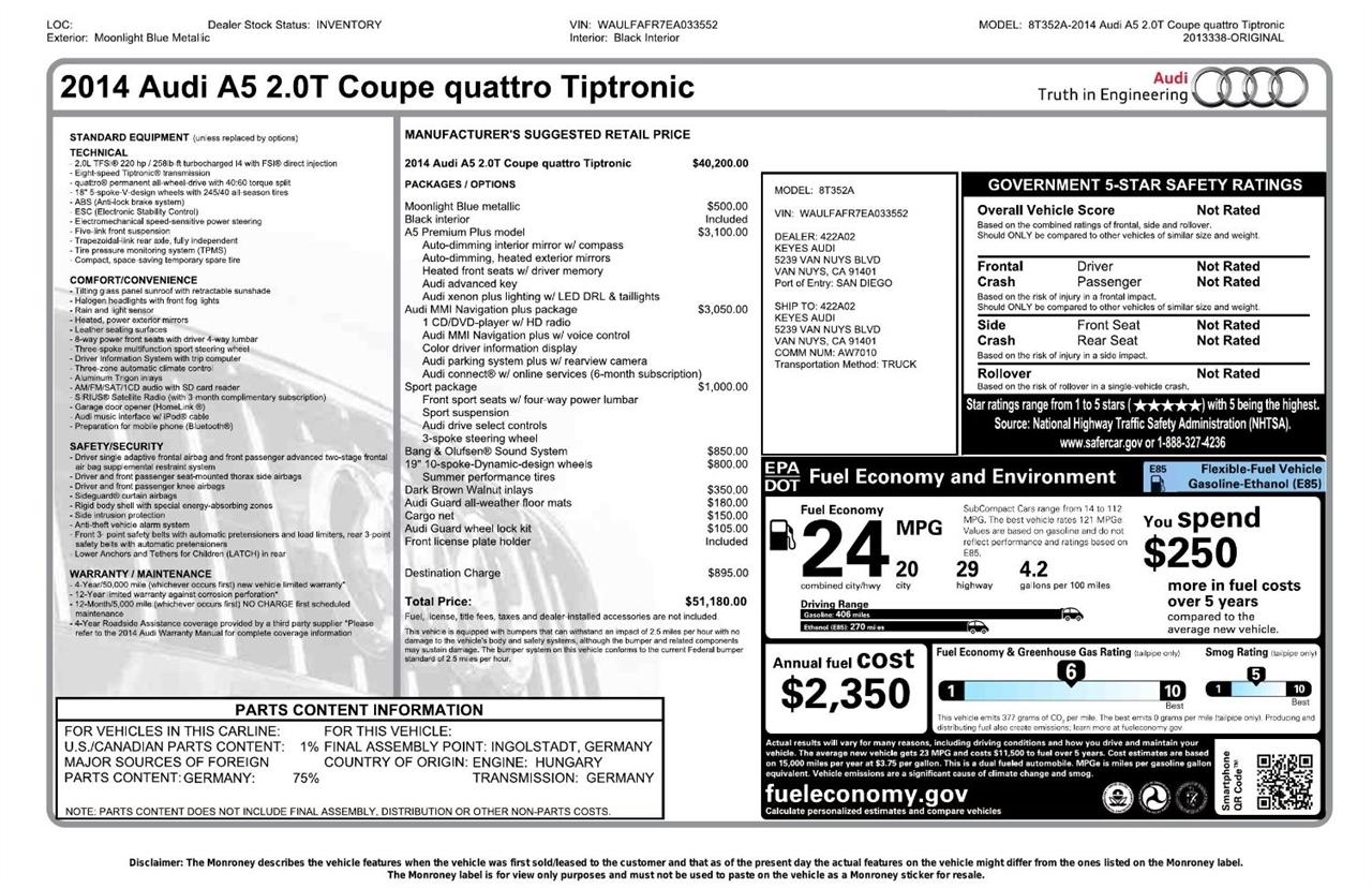Audi A5 2dr Cpe Auto quattro 2.0T Premium Plus 2014
