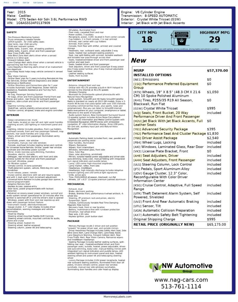 Cadillac CTS 4dr Sdn 3.6L Performance RWD 2015