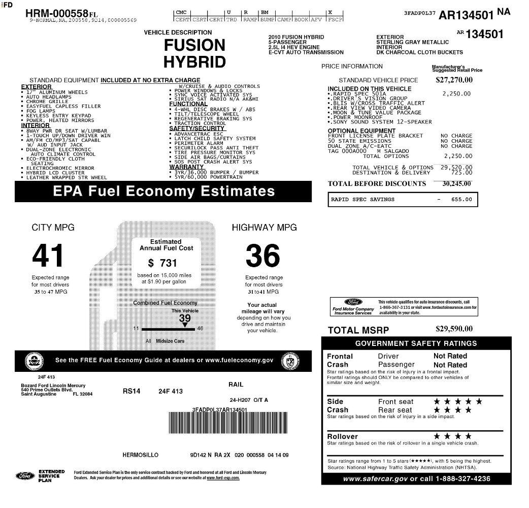 Ford Fusion 4dr Sdn Hybrid FWD 2010