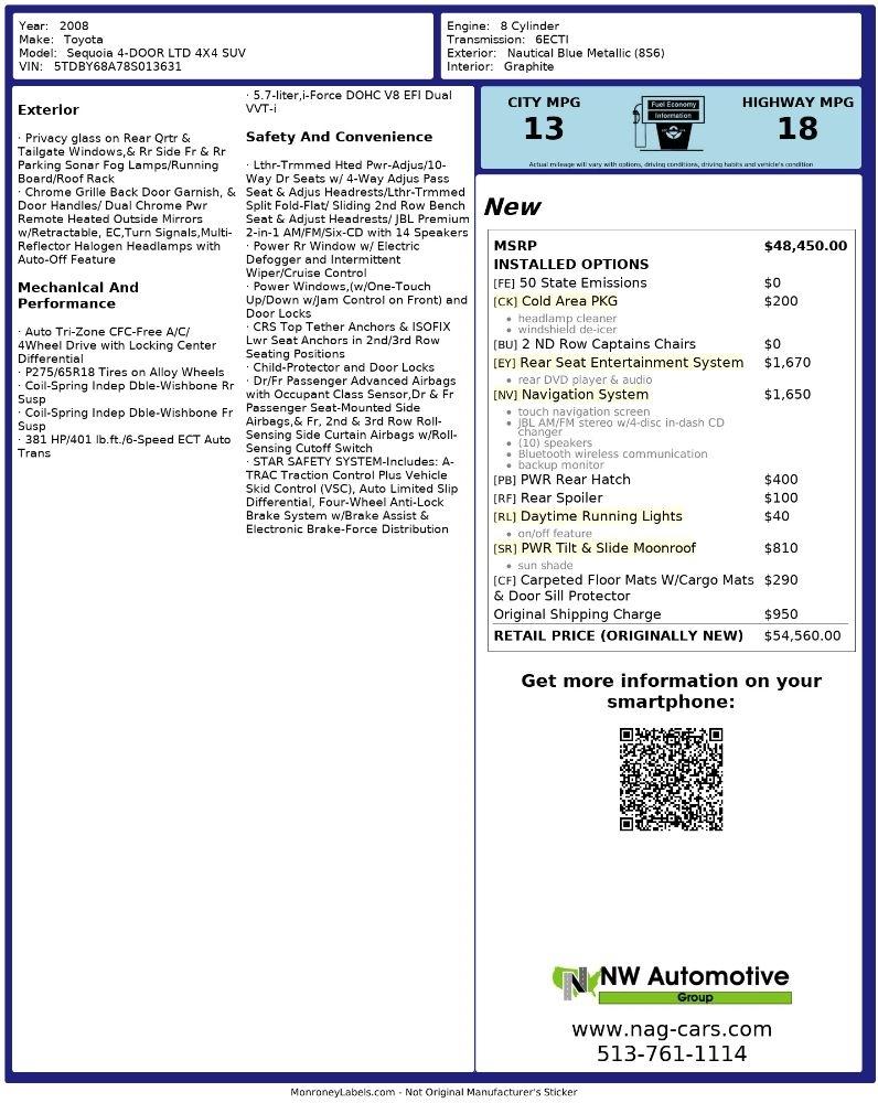 Toyota Sequoia 4WD 4dr LV8 6-Spd AT Ltd (Natl) 2008