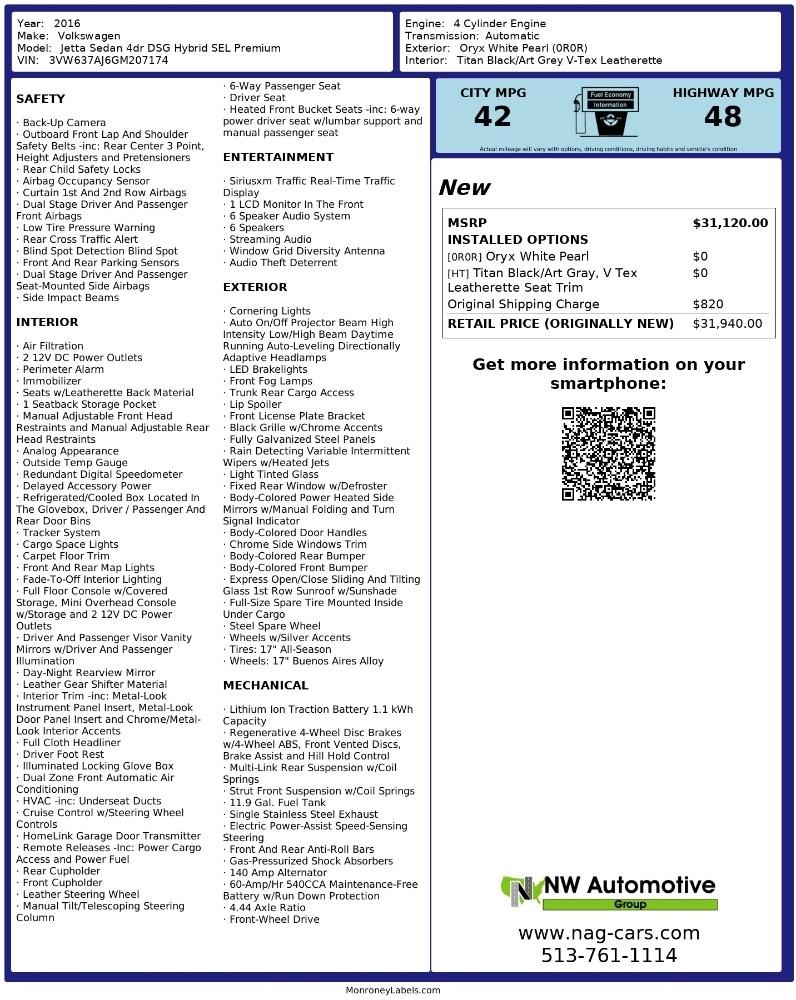 Volkswagen Jetta Sedan 4dr DSG Hybrid SEL Premium 2016