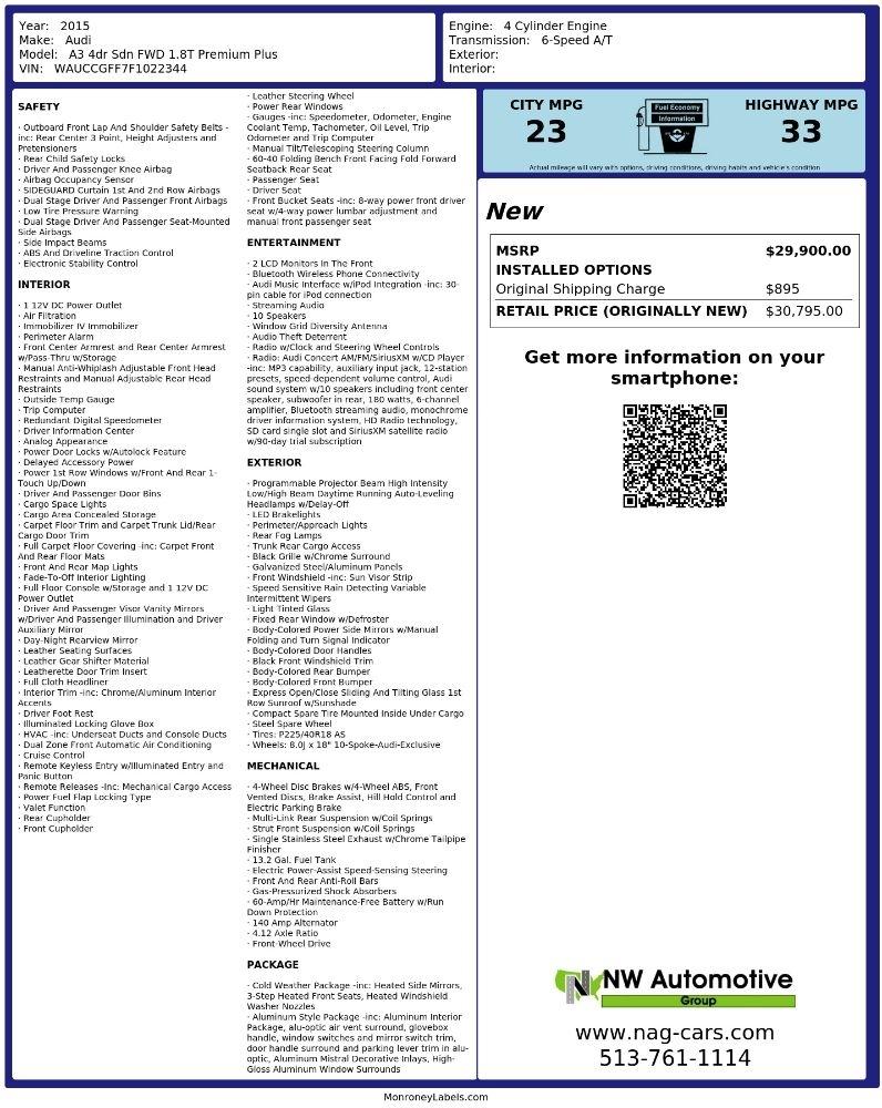 Audi A3 4dr Sdn FWD 1.8T Premium Plus 2015