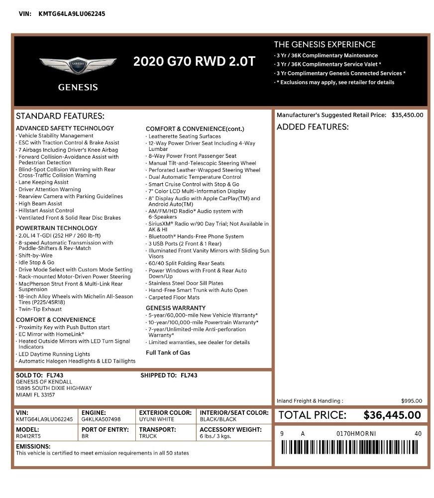 Genesis G70 2.0T RWD 2020