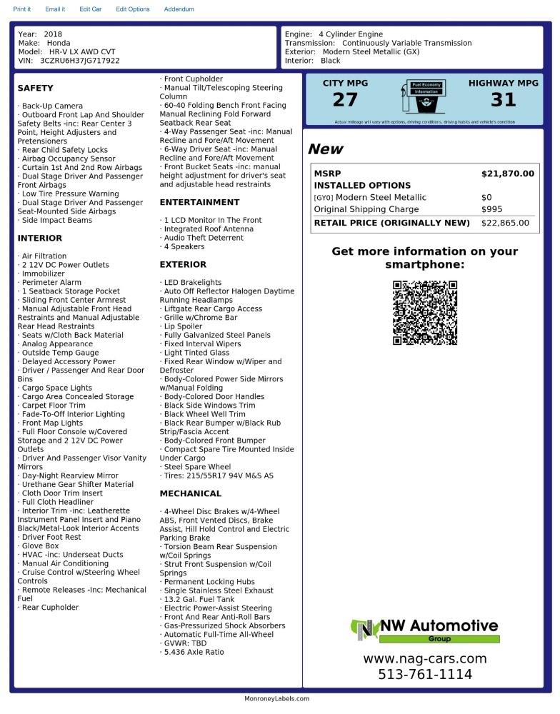 Honda HR-V LX AWD CVT 2018