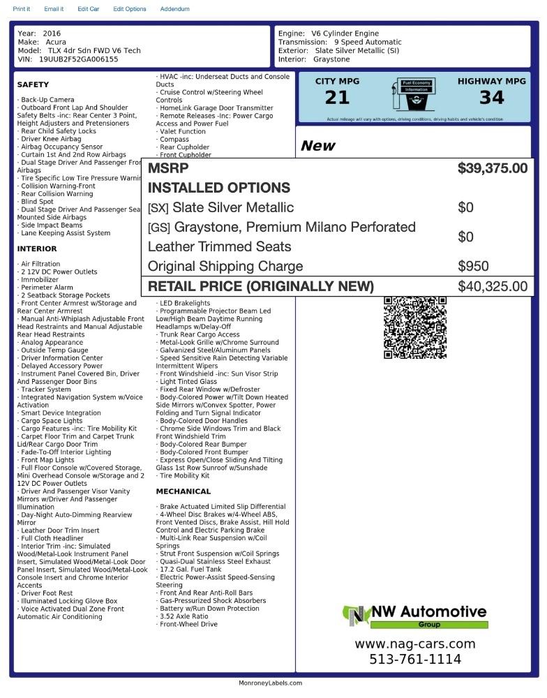 Acura TLX 4dr Sdn FWD V6 Tech 2016