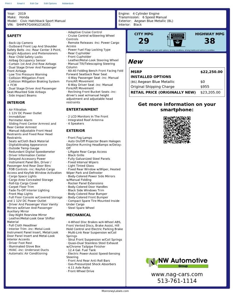 Honda Civic Sport Manual 2019