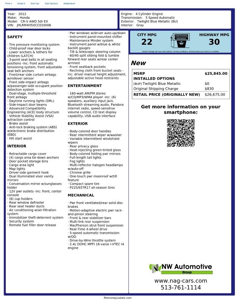 Honda CR-V AWD 5dr EX 2012