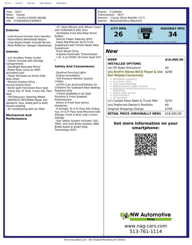 Toyota Corolla 4dr Sdn Auto LE (Natl) 2012