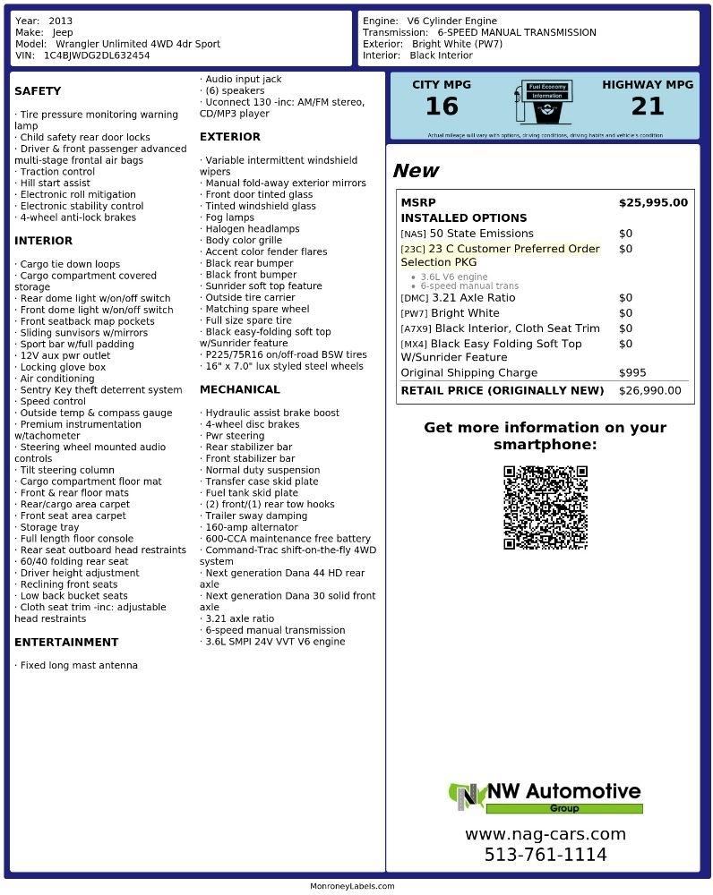 Jeep Wrangler Unlimited 4WD 4dr Sport 2013