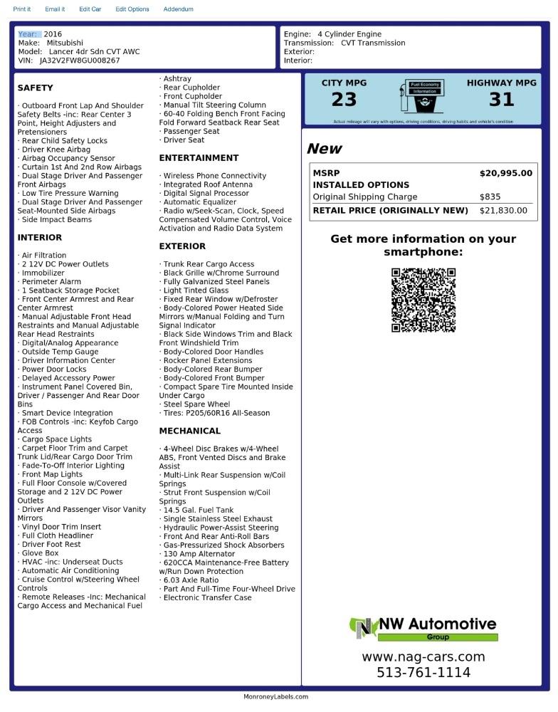 Mitsubishi Lancer 4dr Sdn CVT SEL AWC 2016