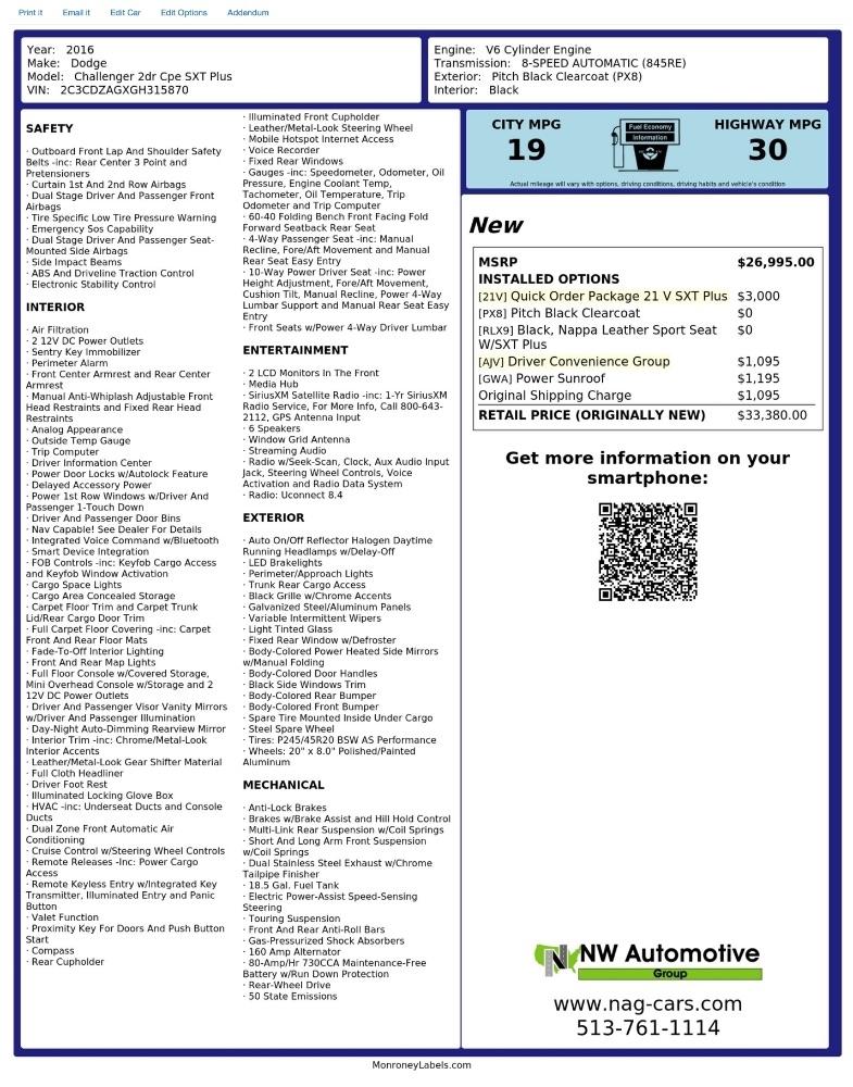 Dodge Challenger 2dr Cpe SXT Plus 2016