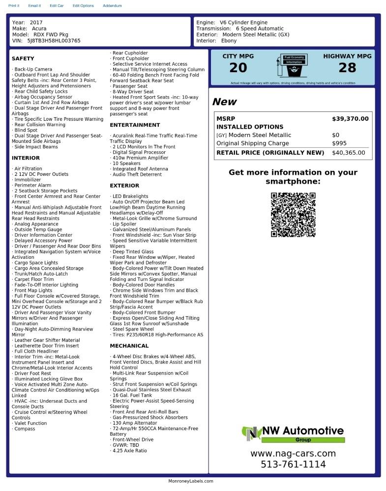 Acura RDX FWD w/Technology/AcuraWatch Plus Pkg 2017