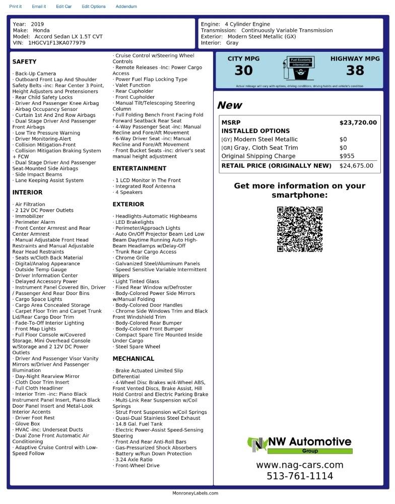 Honda Accord LX 1.5T CVT 2019
